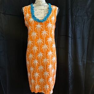 Tracy Negoshian, orange and white palm tree pattern dress with teal ruffle, sz L